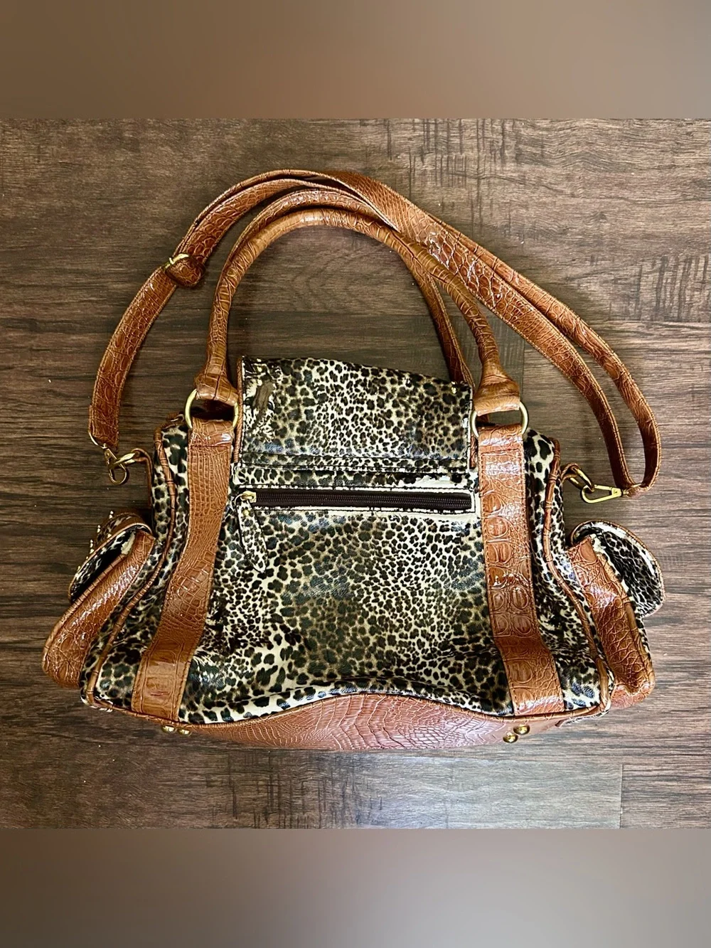 Leopard Print and Brown Studded Satchel Handbag